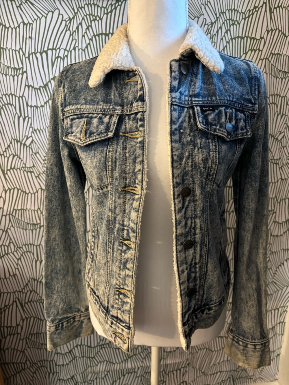 RVCA Acid Wash Denim Jacket with Cream Sherpa Collar